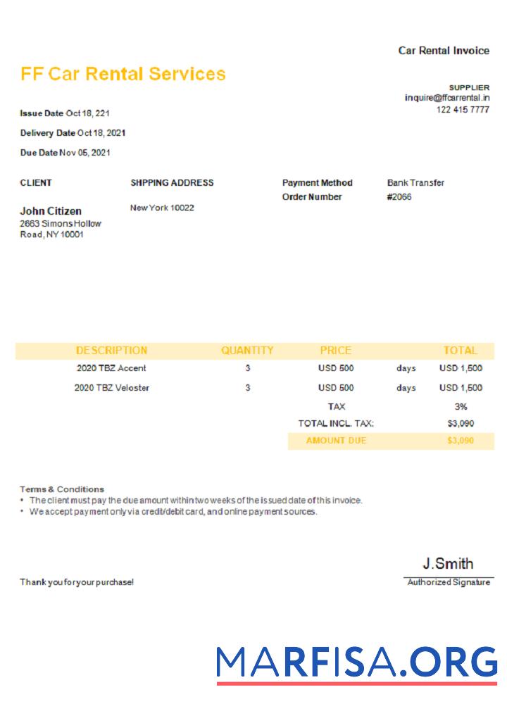 Blank USA FF Car Rental Services invoice sample